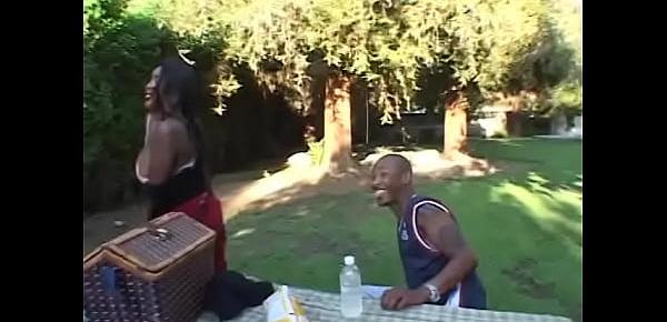  A bald black dude fucks a cute ebony whore with a cool ass in all positions in the backyard
